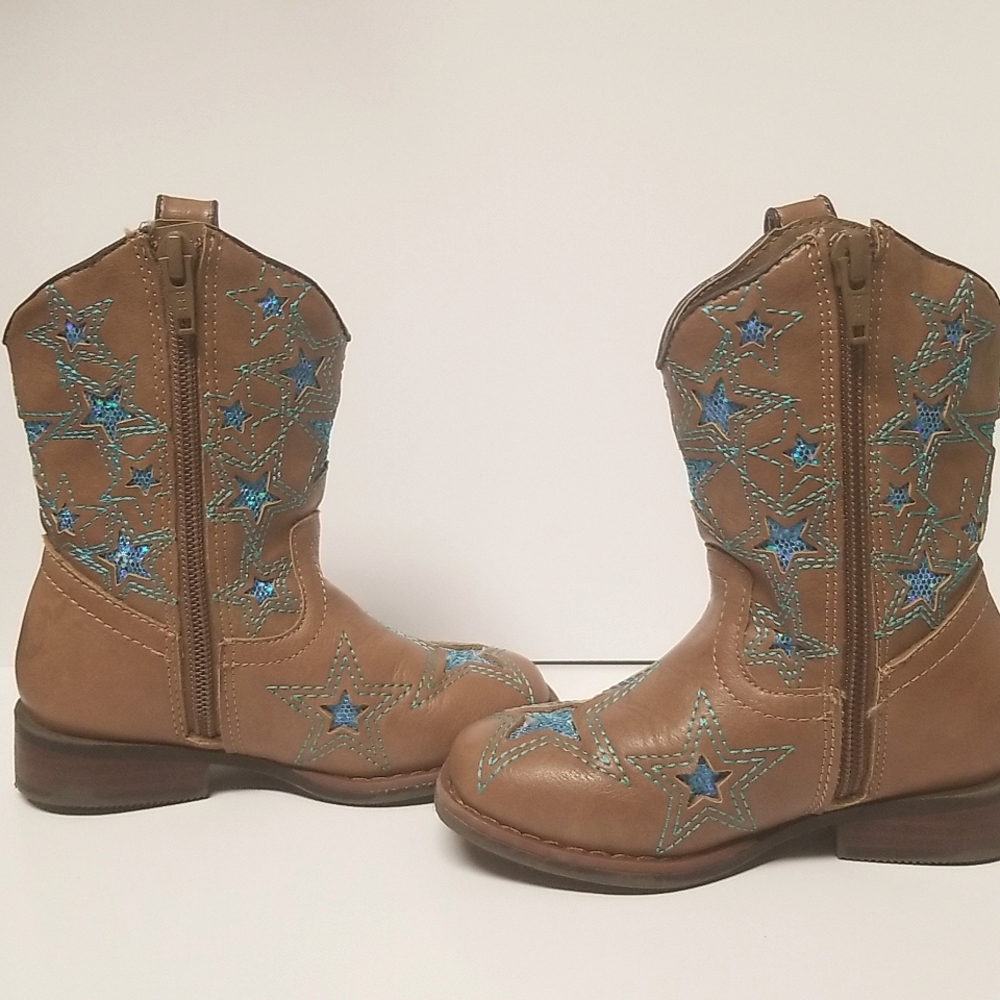 Wonder Nation Toddler Girls western boots blue glitter stars tan brown 8